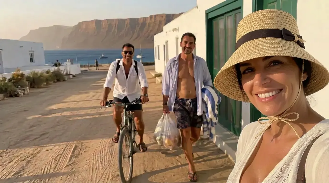Amigos volviendo de la playa tras un día de sol en Costa Teguise